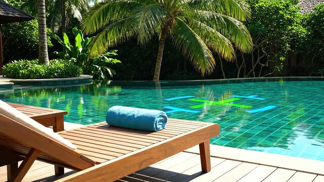 Relaxing tropical poolside scene with wooden lounge chair and towel