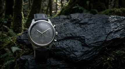 Naklejka premium Luxury chronograph wristwatch resting on dark wet rock in forest