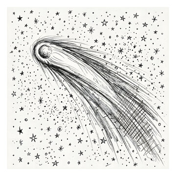 Comet streaks across a dark void filled with twinkling stars in this detailed black and white ink sketch that captures the motion of celestial bodies in deep space.