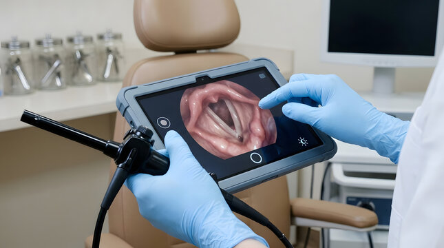 Doctor examining vocal cords with endoscope and tablet in medical clinic