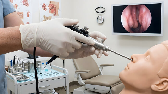 Doctor performing nasal endoscopy on medical training mannequin in clinic