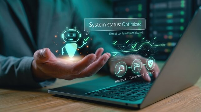 Cybersecurity system status optimized with virtual assistant and threat containment analysis on laptop, digital security concept