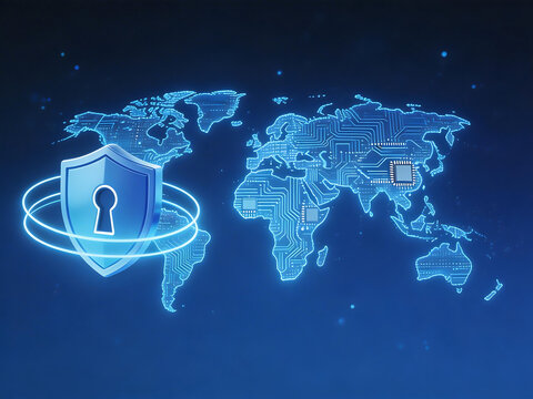 Digital world map with security shield