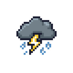 Fototapeta premium Dark pixel art storm cloud with lightning and ice.