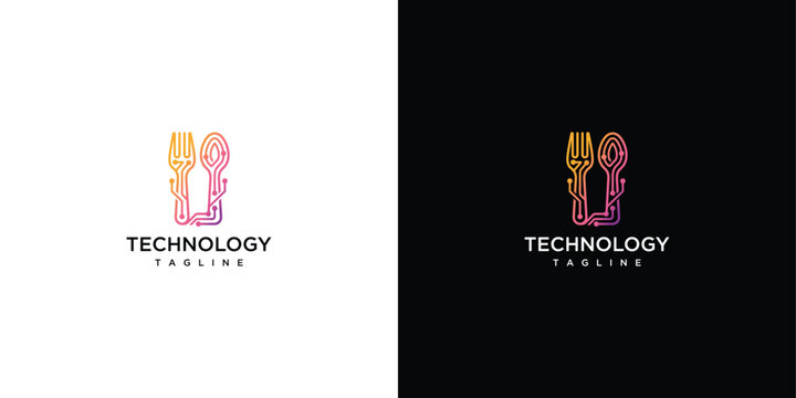 Modern Digital Cuisine Logo Design with Gradient Circuit Pattern Utensils and Letter U