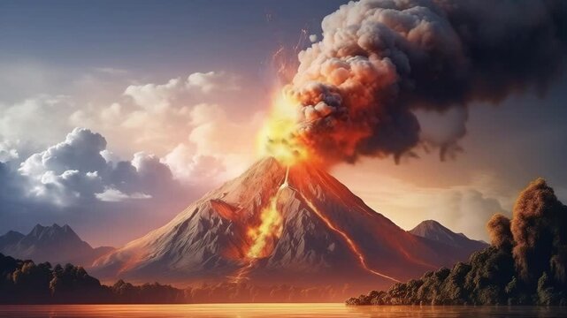 Powerful daytime volcano eruption. Side view of the crater opening with flowing lava. Clouds and steam in the sky. Big explosion.