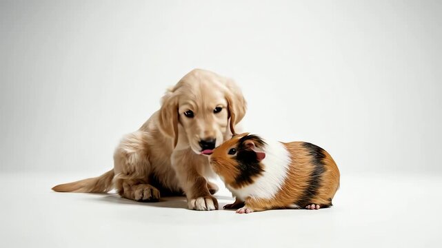 Golden retriever puppy sniffing guinea pig on white background