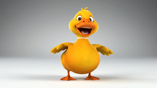 Cute 3D animated yellow duckling character walking and waving