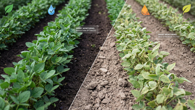 Soybean field displays a split view between thriving hydrated greenery and stressed dry vegetation to emphasize the necessity of precise irrigation systems for maximizing agricultural harvest.