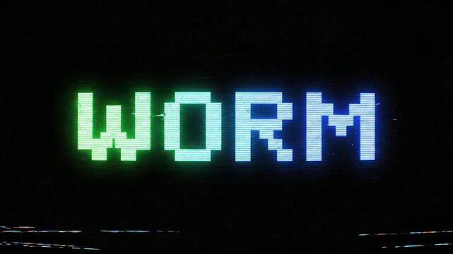 Retro digital text worm on black screen with glitch effect