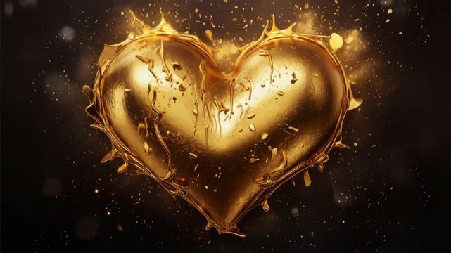 Glitter gold heart with golden light splashes on black background. Gold luxury shiny design heart element with glitter effect for Valentines Day video background with copy space.