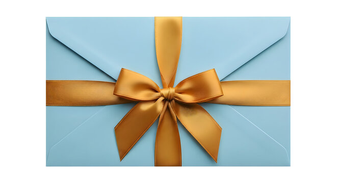 Light blue envelope wrapped with a golden ribbon and bow