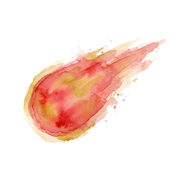 Meteorite illustration features vibrant red and orange watercolor pigments with a dynamic motion trail against a clean white background.