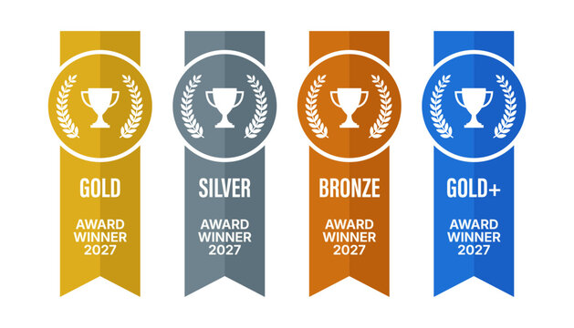Set of award ribbons with gold, silver, bronze and gold plus medals for 2027 winners, trophy icons with laurel wreaths on colorful vertical banners