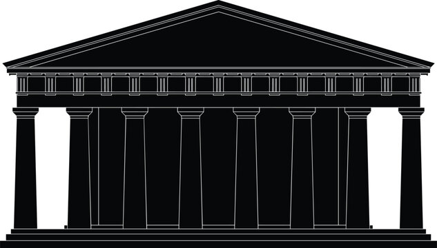 Black and white vector silhouette of an ancient Greek or Roman temple building with classical columns