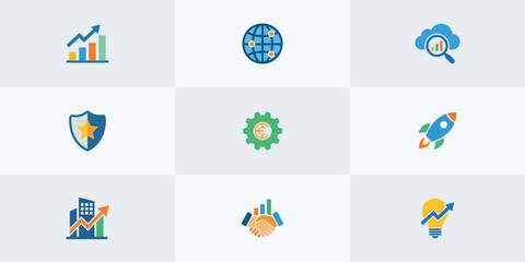 Fototapeta premium Business Growth and Digital Innovation Icons Set. Analytics, Security, Cloud, Startup and Partnership Vector Collection.
