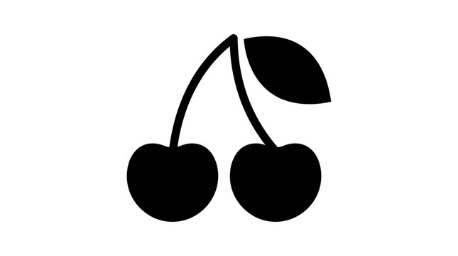 Stylized black cherry fruit icon with leaf isolated on white background