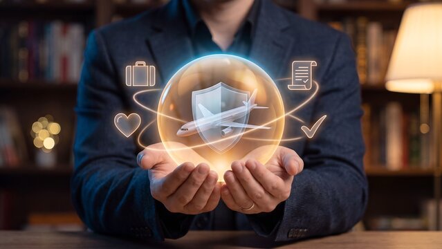 Travel insurance protection coverage concept, businessman holding holographic airplane shield bubble with luggage heart document and checkmark icons, flight safety and policy management