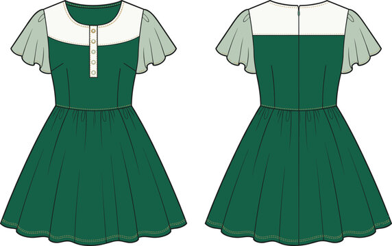 Women flared dress technical drawing fashion flat sketch apparel vector template illustration front and back outline