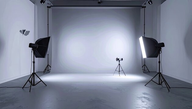 A professional photography studio setup with lighting equipment and a seamless backdrop.