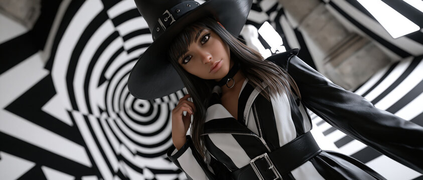 Gothic witch young woman black hat leather coat striped wall fantasy cosplay dark fashion modern witch urban style gothic witch stands before bold striped wall surreal urban room, wearing black