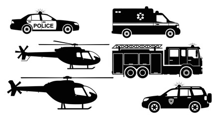 Emergency vehicles in silhouette with black silhouettes emergency vehicles white background emergency services fire truck helicopter ambulance © Asim
