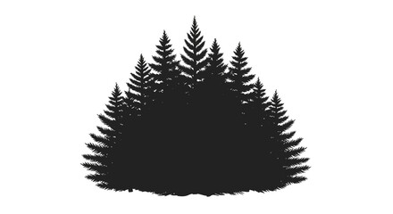Fototapeta premium Silhouette of a group of pine trees on a white background with black silhouette cluster solid white backdrop trees against illustration conservation