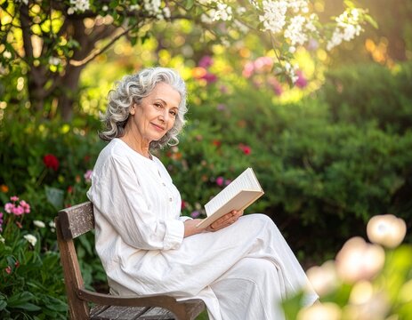 Sunlight bathes a serene garden. Gentle woman reads, calm and content. White dress flows softly in the breeze. Blossoms frame her peaceful, thoughtful face. Wooden bench holds her quiet, joyful moment