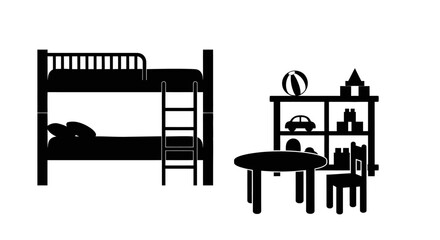 Black silhouette of bunk bed with children playroom bookshelf children s room bookshelf table illustration furniture interior graphic design © Asim