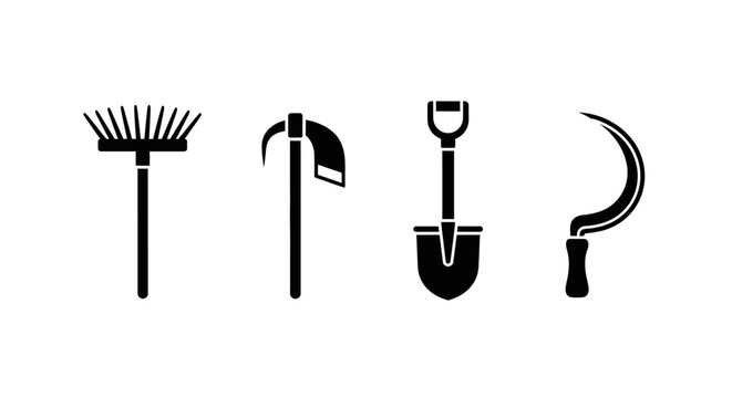 Four black gardening tools on white background with yard work agriculture landscaping maintenance equipment symbols outdoor shovel sickle with icons
