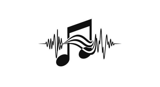Black musical note with sound wave on white background with black eighth oscillation frequency harmony pattern graphic symbol melody rhythm with design
