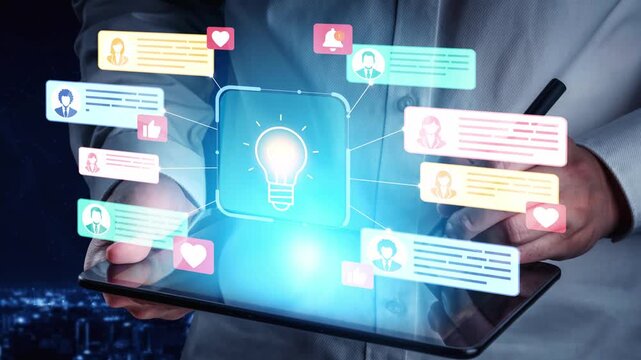 Bright Idea Concept with Digital Communication Icons Representing Social Interactions and Innovative Thinking in Modern Business Solutions. Entropy.