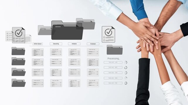 This image captures a diverse group of hands coming together over file folders, symbolizing teamwork and collaboration in project management and organizational processes. Raster