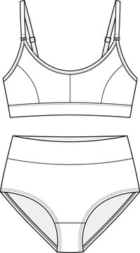 Women lingerie set technical drawing fashion flat sketch apparel vector template illustration bralette and briefs outline