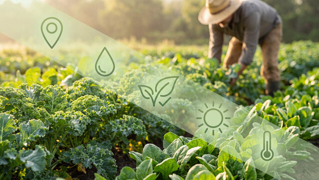 Vegetable cultivation monitoring interface displays environmental data icons over a working farmer in a sprawling green field.