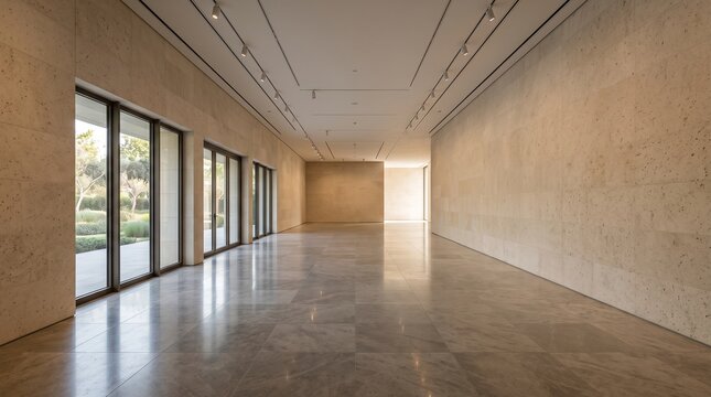 Modern Minimalist Empty Exhibition Gallery Space with Polished Floors and Large Windows for Art Display