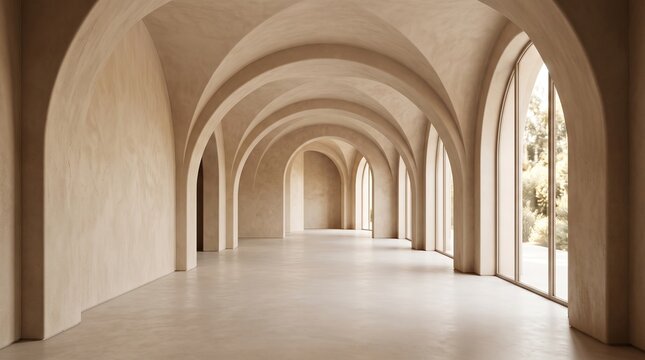 Modern minimalist empty hallway with large arched windows and neutral beige plaster walls in architectural interior
