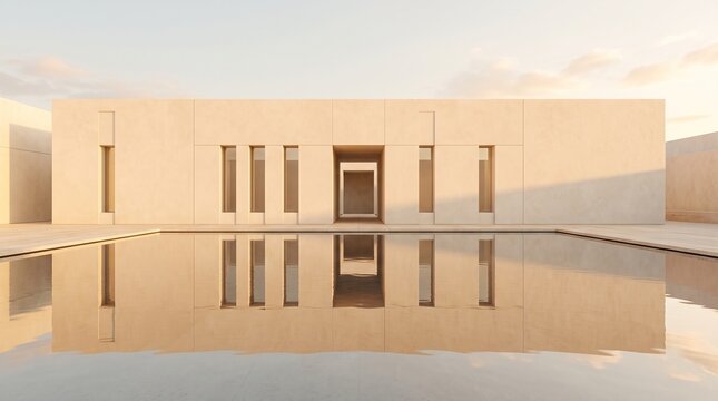 Modern minimalist architectural concrete building with calm water pool reflection at sunset