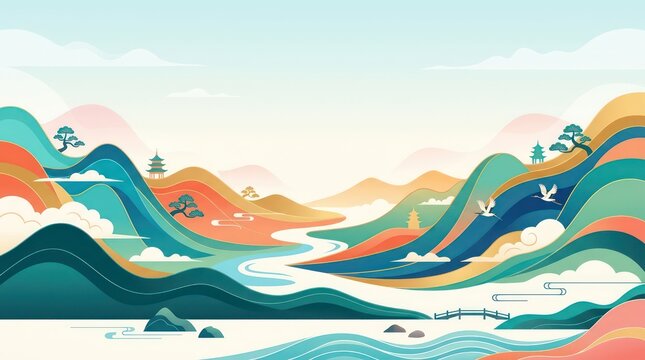 Abstract Asian Style Mountain Landscape Illustration with Pagodas and Cranes
