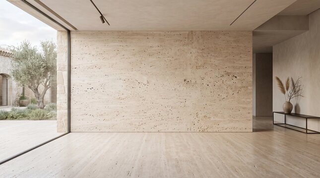 Empty modern minimalist room with large beige travertine wall and light wooden floor