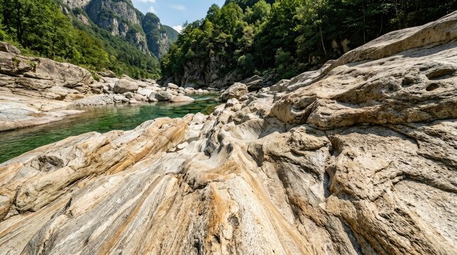 A clear river flows through a rocky gorge, flanked by steep, forested mountains. The water is a vibrant green color, reflecting the surrounding vegetation.