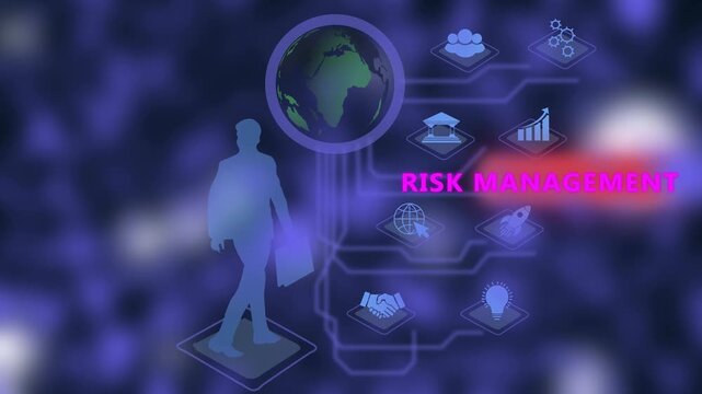 Risk management concept featuring digital businessman silhouette with global brain network infographics and corporate strategy for financial analysis and business growth presentations