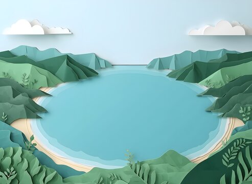Wide Ocean Bay Surrounded by Layered Green Hills and Peaceful Beaches, Layered Paper Craft Illustration