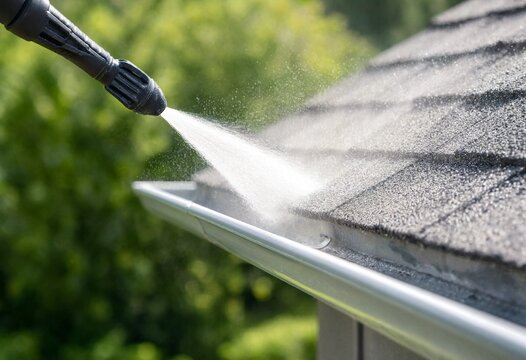 High-pressure washer cleaning residential roof gutter, removing leaves, moss, and debris while maintaining home exterior with bright summer sunlight and shallow bokeh background.