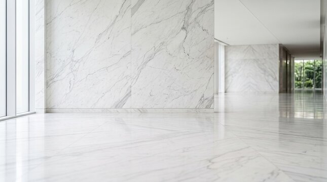 Luxurious modern interior hallway with bright white marble walls and polished floors for upscale architectural design