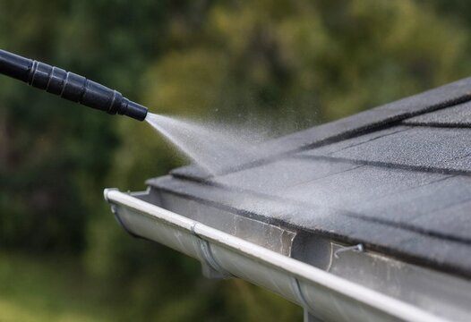 High-pressure washer cleaning residential roof gutter, removing leaves, moss, and debris while maintaining home exterior with bright summer sunlight and shallow bokeh background.