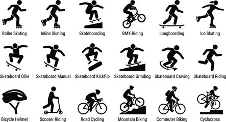 Fototapeta premium Extreme action sports and urban skating stick figures set featuring skateboarding bmx cycling roller skating recreation icons vector