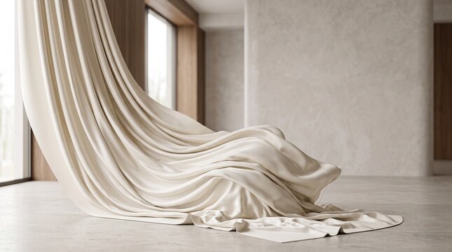 Elegant cream colored fabric draping in a modern minimalist room with neutral walls and soft natural light