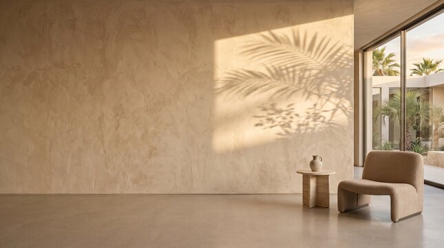 Minimalist modern interior design featuring a textured beige wall with soft palm tree shadows in warm golden sunlight