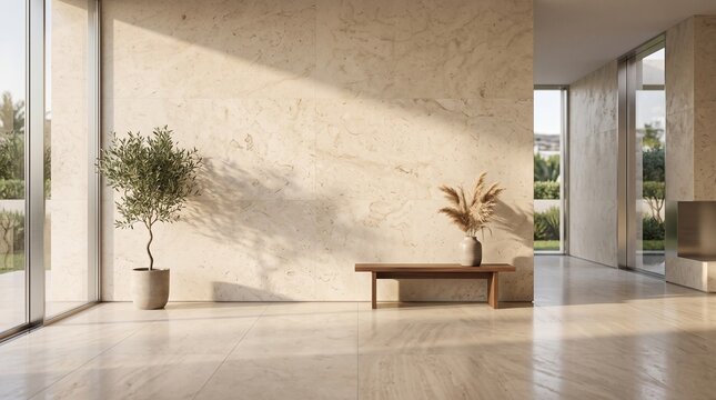 Minimalist interior with warm natural light, highlighting an olive tree and a rustic bench, creating a serene and inviting contemporary living space with organic textures